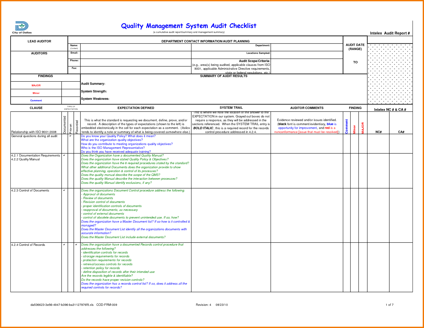 iso 23 checklist excel For Internal Audit Report Template Iso 9001